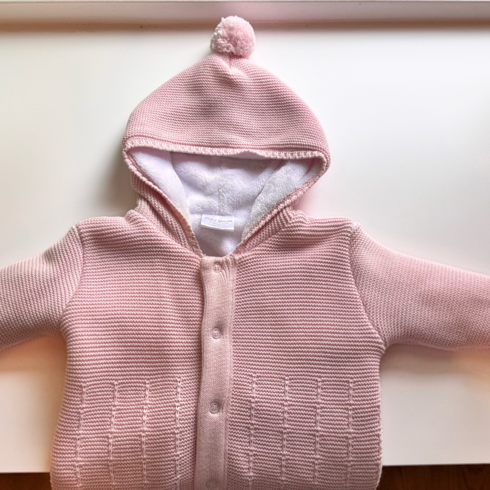 Pink Knit Baby Hoodie with Pom Pom- BABY GIRL PINK OVERALL- NWOT